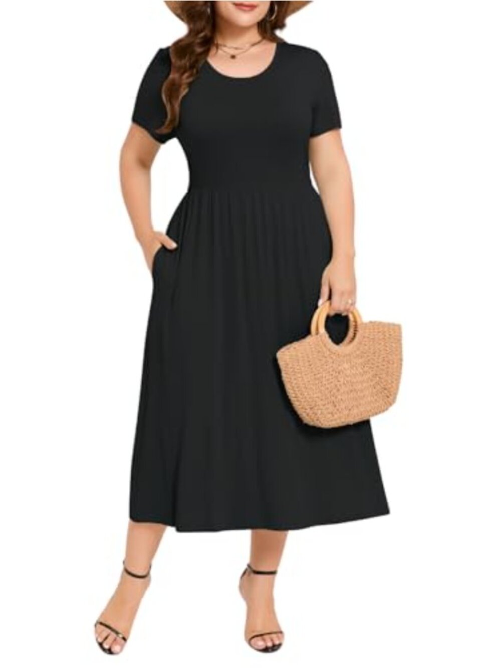 Plus Size Maxi Dress with Pockets Flowy Crew Neck Sundress